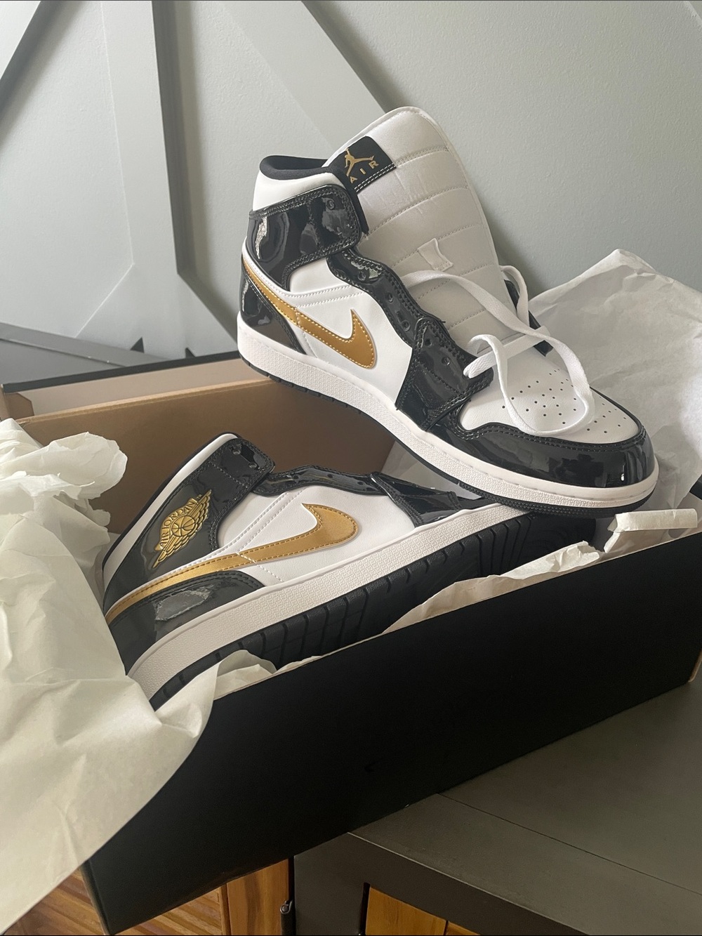 Nike Air Jordan 1 Mid White Black Gold Athletic Shoes